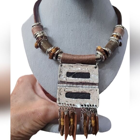 PARIS Necklace Ethnic Tribal Statement Solid Reversible Brown & Silver … - Picture 9 of 13